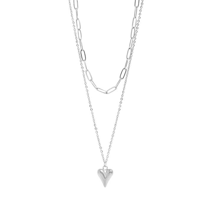 WJW - Wholesale Pendant/Charm Necklace - 18K Gold PVD Stainless Steel Loop and Paperclip Layered Chain Heart Charm Necklace
