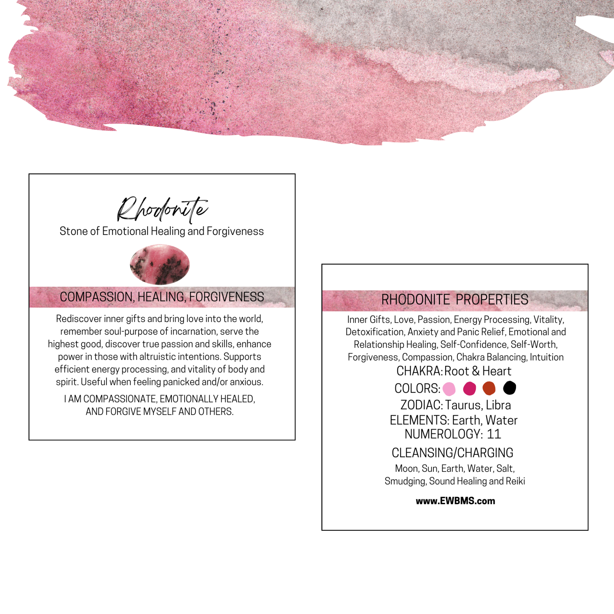 Essential Wellness - Body, Mind, Spirit - Wholesale Spiritual Stone/Crystal - RHODONITE Gemstone Information Card0