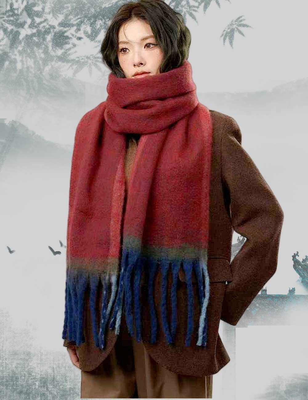 JC Sunny Fashion - Wholesale Scarf - Women's - JC021030 Long Fringe Cozy Fuzzy Two-Tone Ombre Scarf7