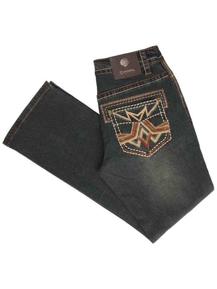 Jeans marrom tingido para homens Centenario com detalhes bordados, corte boot cut 45316 por atacado de El General Western Wear