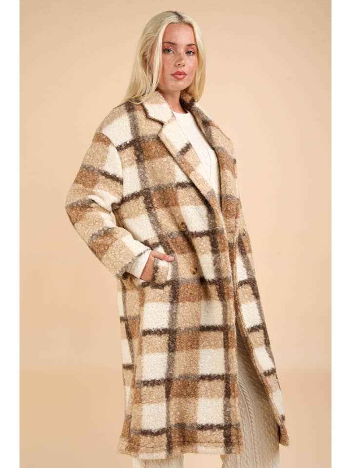 VERY J - Wholesale Coat - Women's - NJ90324X-PLUS SIZE Plaid Soft Fuzzy Button Down Long Coat