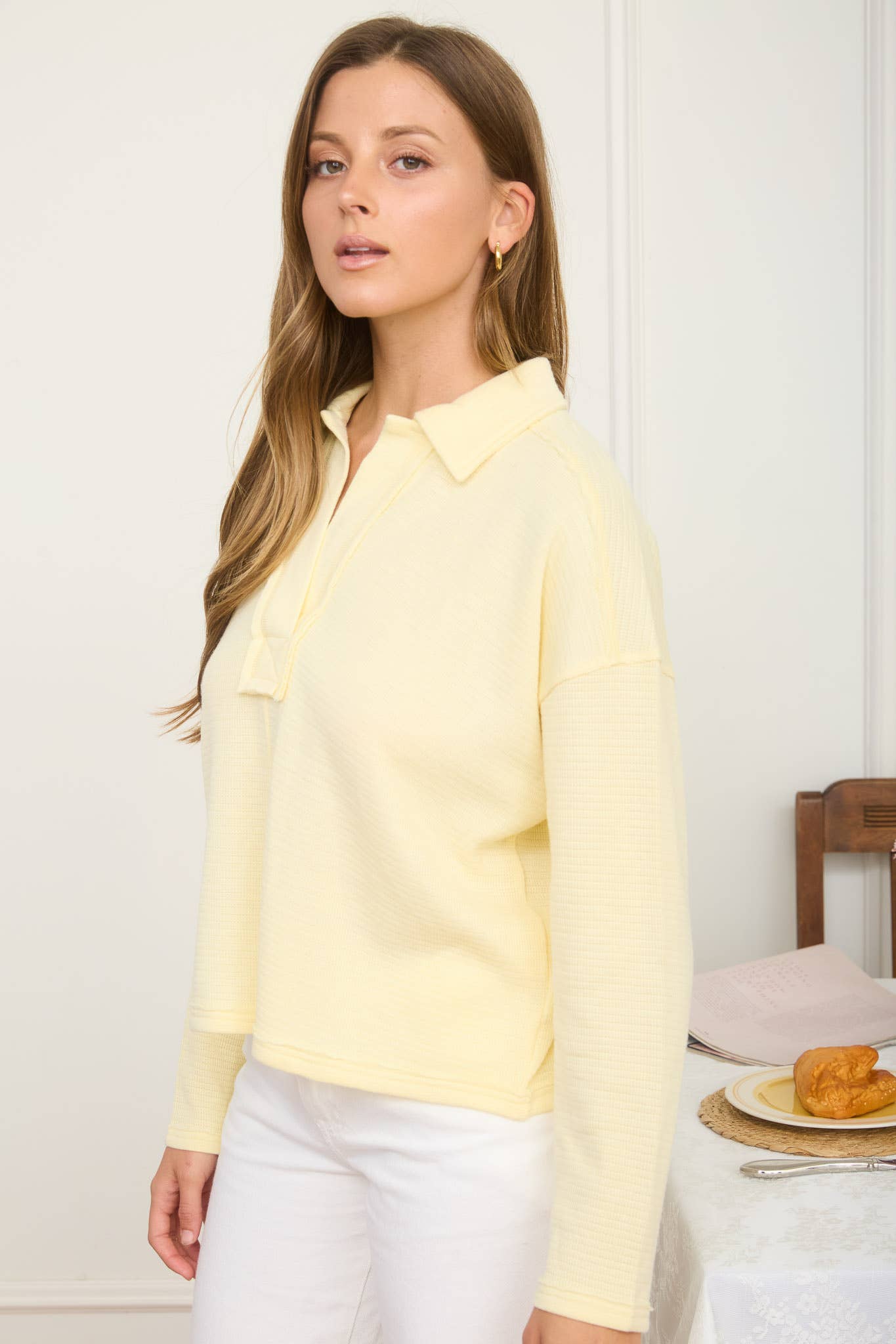 J.O.A - Wholesale Knit Top - Women's - EXPOSED SEAM LONG SLEEVE TEXTURED KNIT POLO6