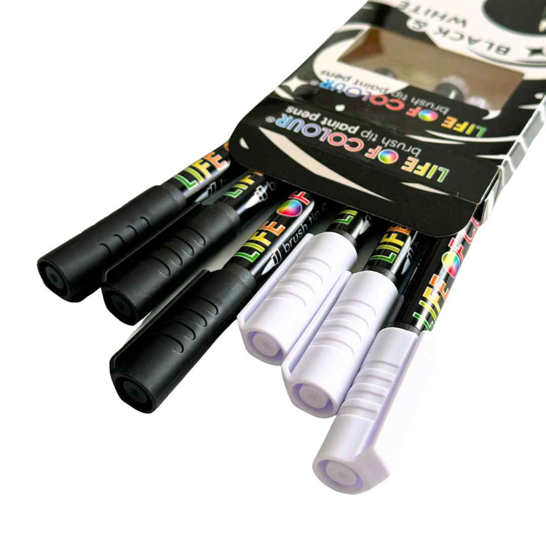 Life of Colour – Großhandel Marker – Schwarz-weiße Acryl-Brush-Pens – Set mit 6 Stiften2