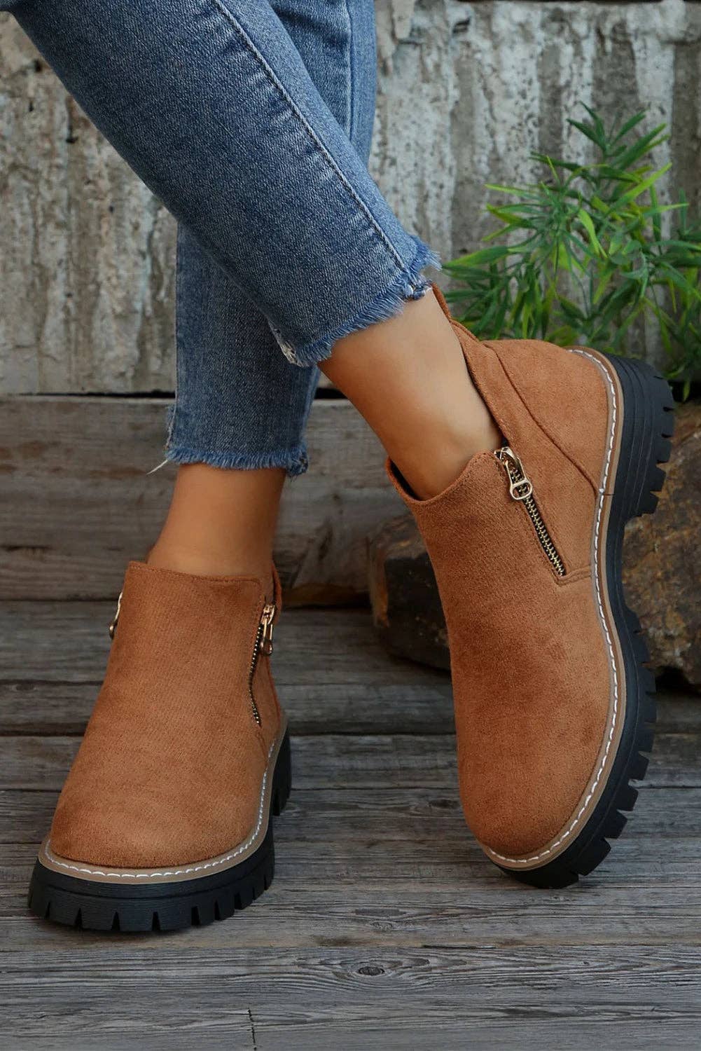 kastanj Bruna ankelstövlar i fuskmocka med dragkedja på sidan för wholesale på Faire1