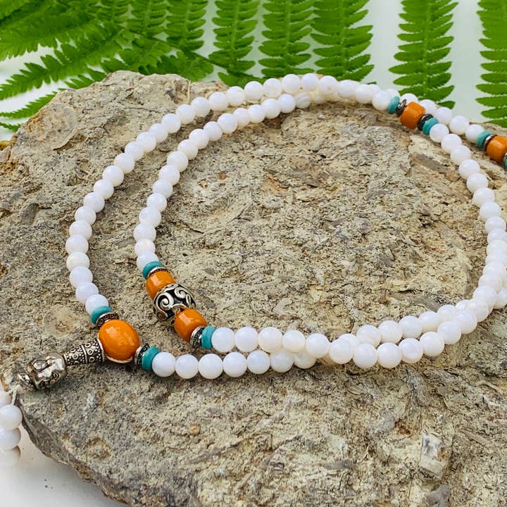 Lungta Imports - Wholesale Prayer Beads Necklace - Tibetan Buddhist Mala / Rosary 108 Glass Beads/ Tibetan Silver Spacers / Free Mala Pouch