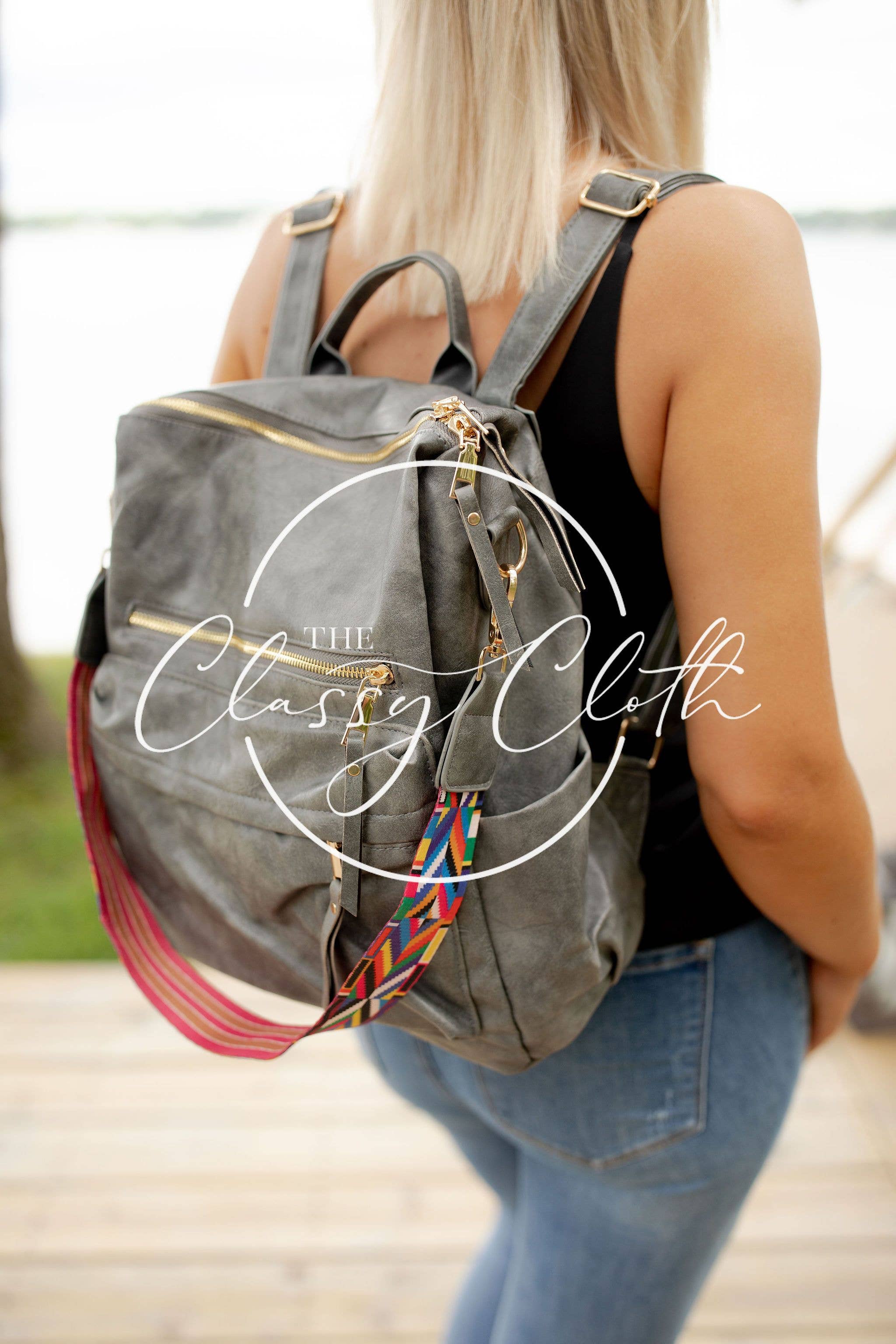 The Classy Cloth WS - Wholesale Backpack - Women's - Chloe Convertible Backpack - Grey - Blush Brown Grey Geo RTS1