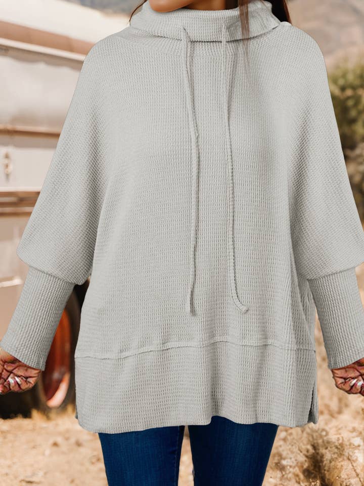 Textured Drawstring Cowl Neck Oversize Top with Side Slits for wholesale by fashionworks