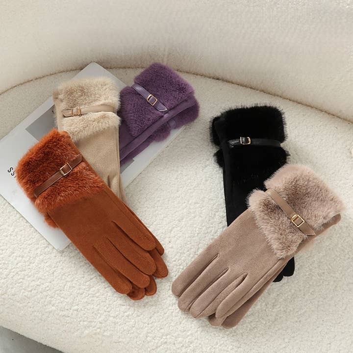 Guanti in finta pelle scamosciata con pelliccia e cintura HA300 per la vendita all'ingrosso da parte di PEACH ACCESSORIES