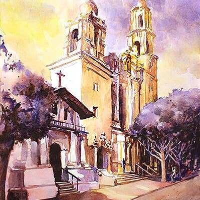 Mission Dolores-San Francisco, California, San Francisco pittura ad acquerello di paesaggio, belle arti, decorazione della casa, chiesa, pittura ad acquerello (stampa) per la vendita all'ingrosso da parte di Ryan Fox Fine Art