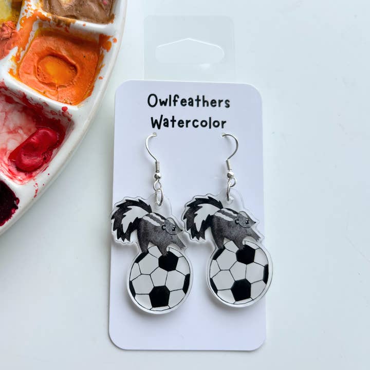 Skunk Soccer Earrings – Funny Black & White Sports Jewelry for wholesale by Owlfeathers Watercolor
