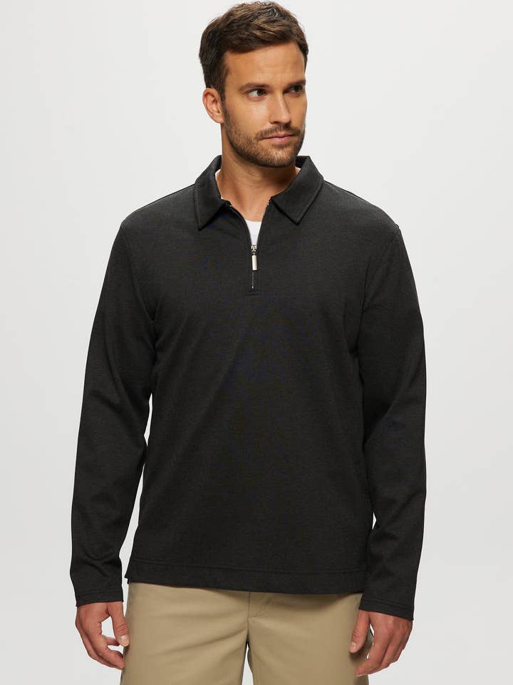 Theo Ponte Quarter Zip Polo in Charcoal Mix for wholesale by Julian & Mark