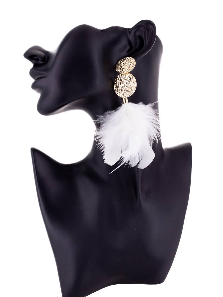 Whitney Earrings - Gold, Feather, Handmade, Statement, Boho for wholesale by Rush Style