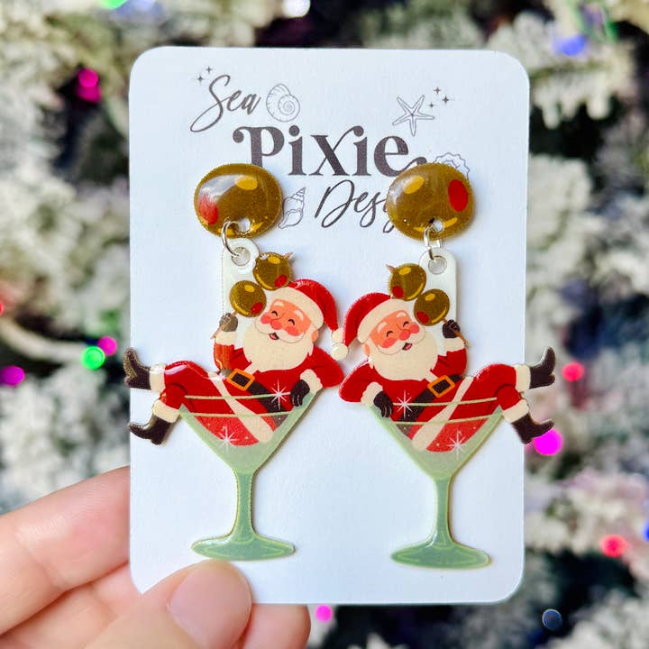 Retro Vintage Santa Claus Martini Christmas Dangle Earrings for wholesale by Sea Pixie Designs