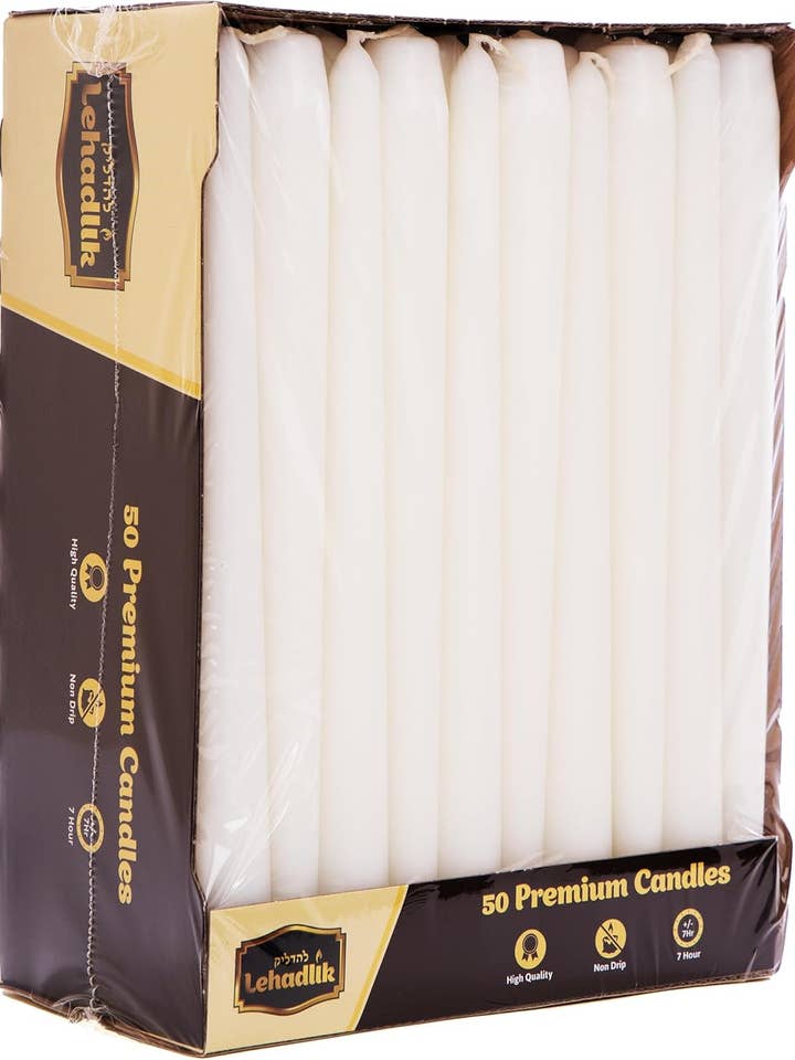 50 Unscented Dripless Bistro Tapered Dinner Candles - White for wholesale by Lehadlik Ltd