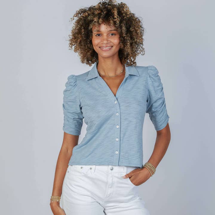 Grace Button-Up Elbow-Length Tee in Dusty Blue for wholesale by erin gray