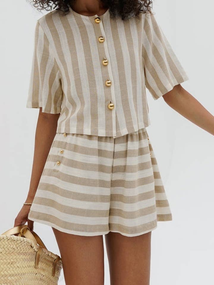 BEIGE Striped Buttoned Short Sleeve Top and Shorts Set for wholesale on Faire12