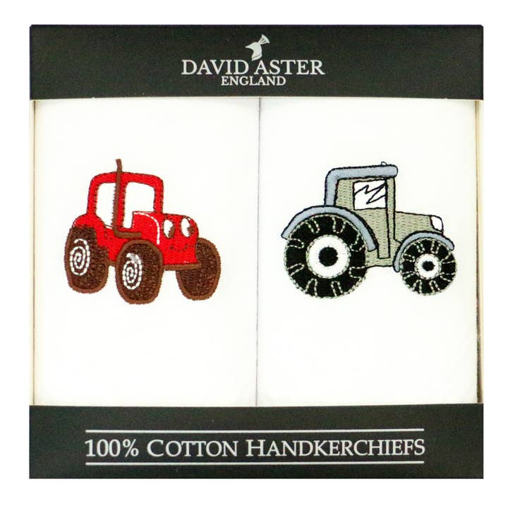 Dalaco - incorporating David Aster – wholesale Handkerchief – Men's – Red & Grey Tractors White Cotton Handkerchief Set