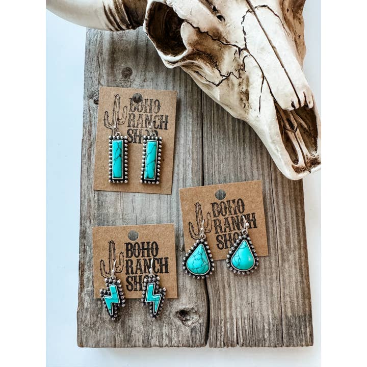 Boho Ranch Shop - Wholesale Dangle Earrings - Western Hand Stone Stud Earrings Turquoise bolt bar teardrop1