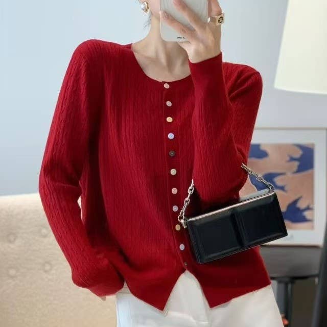 Fine Knit Cable Knit Cardigan with Multi Button in Red for wholesale by Last True Angel