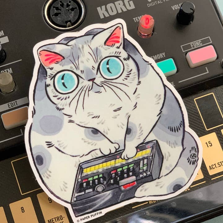 Synthesizer-katt "Volca" Klistermärke för wholesale av Paper Puffin