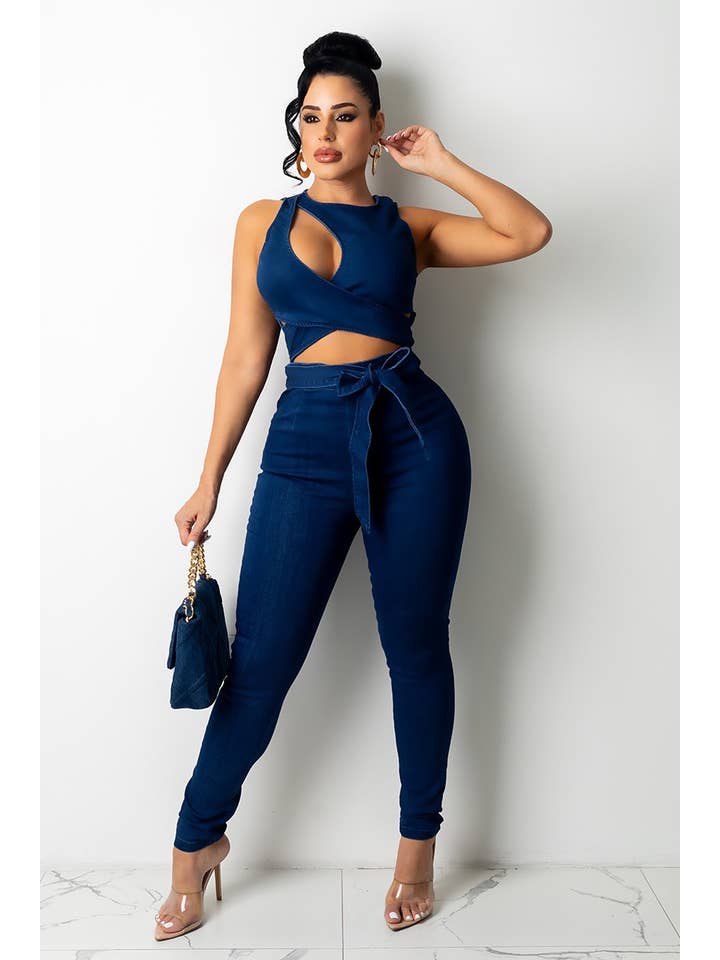 5besties inc - Wholesale Jumpsuit - Women's - Cut Out Detail Tie Denim Jumpsuit.5