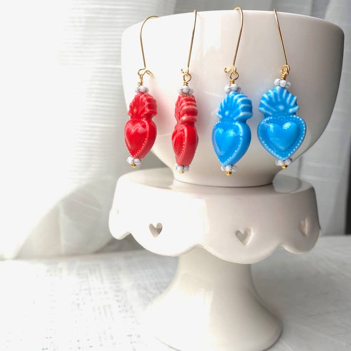 Red Truck Designs - Wholesale Dangle Earrings - Heart Earrings Blue Ceramic Sacred Heart Turquoise Southwest