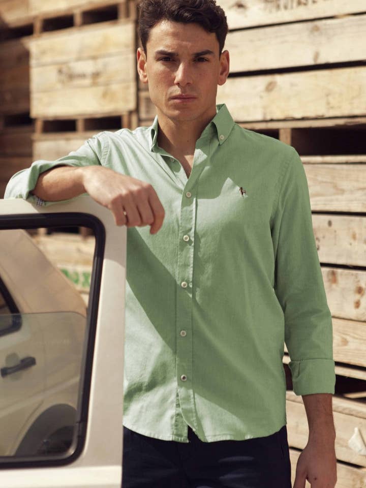 Camisa oxford lavado verde para venta al por mayor de Patadegayo