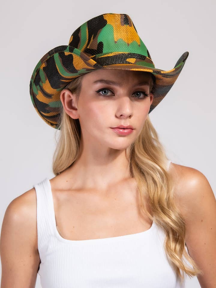 Fashion Western Camo Print Paper Braid Cowboy Hat for wholesale by SP Sophia Collection