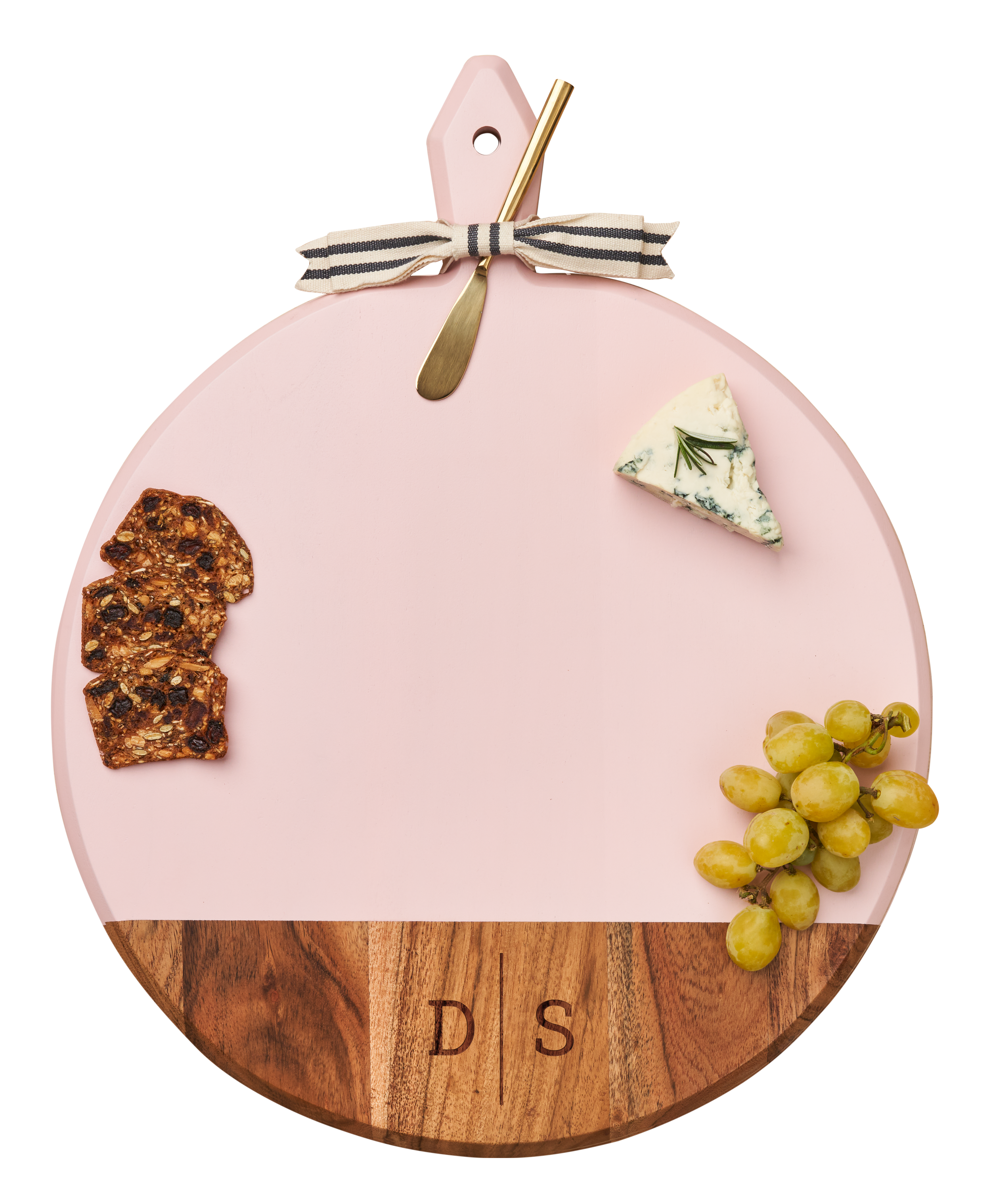 Sophistiplate – wholesale Cheese board – Acacia Heirloom Board w/ Handle Round w/ Gold Spreader and Ribbon | 20 x 16"0