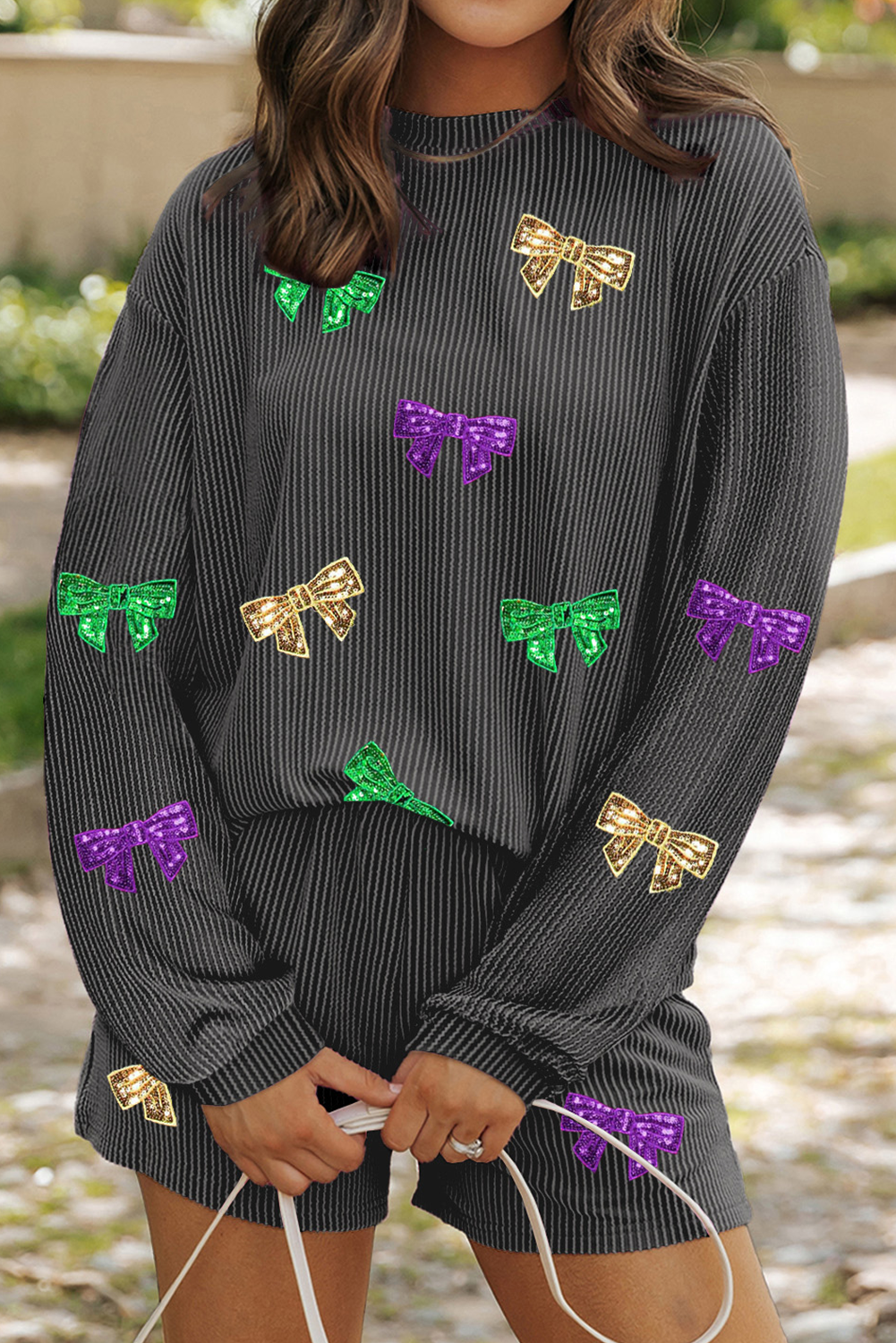 Gray Sequin Bow Mardi Gras Graphic Corded Pajamas Set  | S-2XL for wholesale on Faire0