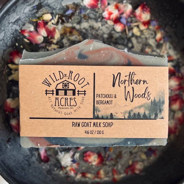 Northern Woods goat milk soap for wholesale by Wild Root Acres LLC