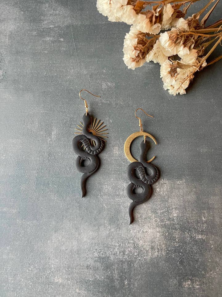 Sun Serpent Earrings, Snake Jewelry, Black and gold jewelry, Witchy Earrings, Gothic Jewelry, Sun and Moon, for wholesale by Manette Design Co