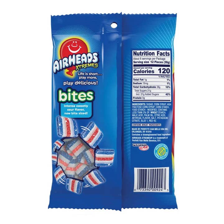 Shop The King - Wholesale Gummy - Airheads Xtremes Bites Bluest Raspberry - Sweetly Sour Candy, Peg Bag Packaging for Freshness 6 oz Bag (Single)