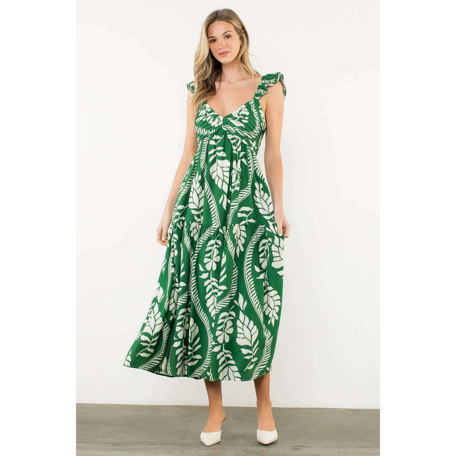 THML - Wholesale Dress - Women's - Flutter Sleeve Leaf Print Maxi Dress13