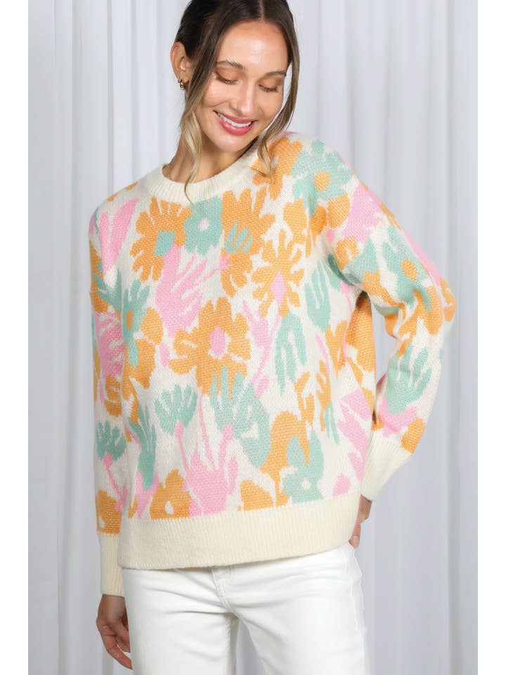 Cream Multi Floral Jacquard Knitted Sweater Top VT82628 for wholesale on Faire4