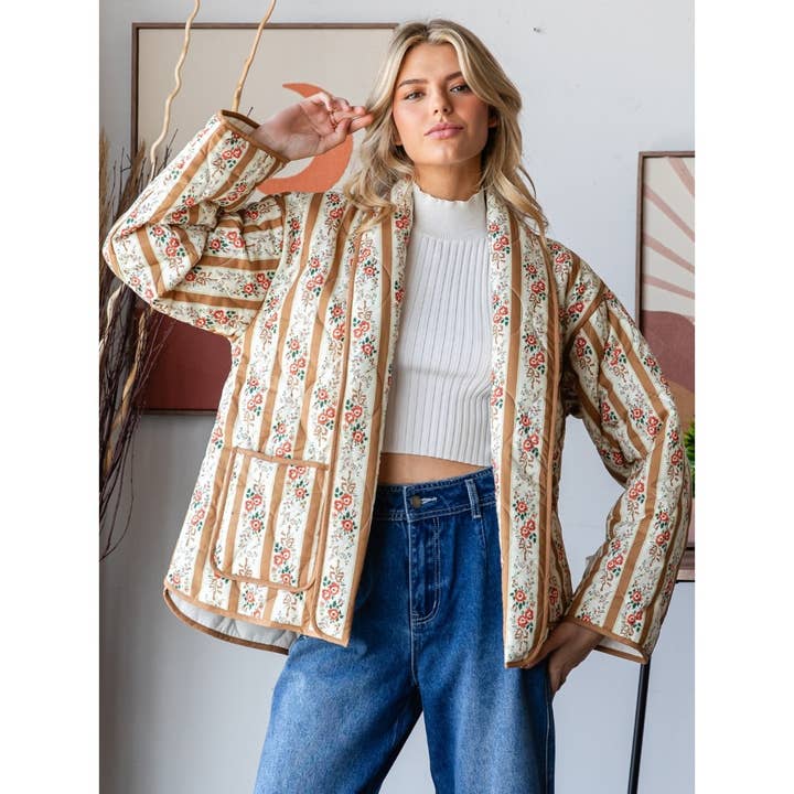 Veveret - Wholesale Jacket - Women's - Quilted Stripe Flower Open Jacket