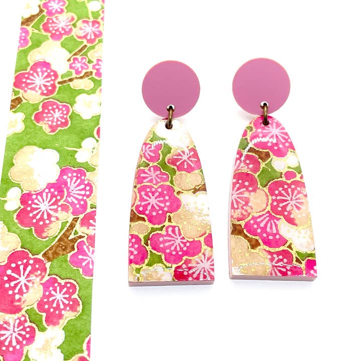 Pink and Green Sakura Floral Arch Drop Earrings for wholesale by Prettykiku