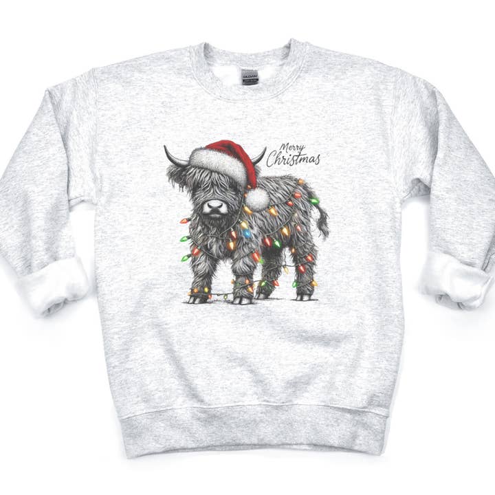 Merry Christmas lights Highland tee/Sweatshirt ash or white for wholesale by 417 Designs LLC