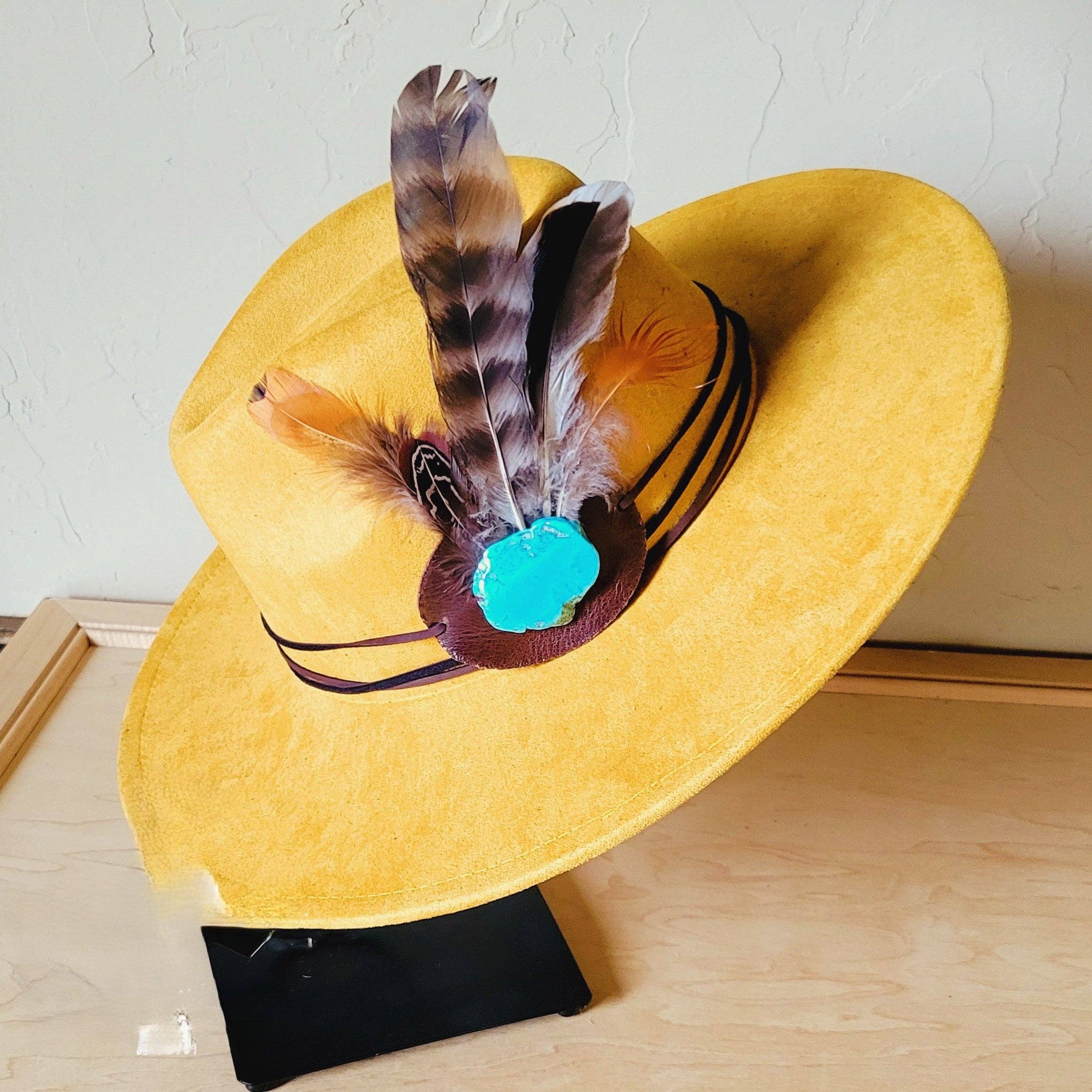 The Jewelry Junkie - Wholesale Fedora - Women's - Mustard Boho Western Hat w/ Choice of Turquoise Hat Accent 983v3