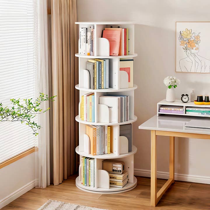 39F Inc. - Wholesale Bookcase - 5-Tier Rotating White MDF Bookshelf for Home or Office8