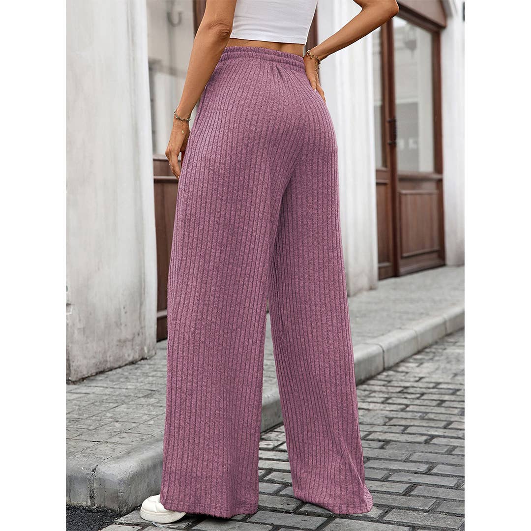 UNISHE - Wholesale Pants - Women's - Solid Drawstring Ribbed Brushed Elastic Waist Pants HLL28311