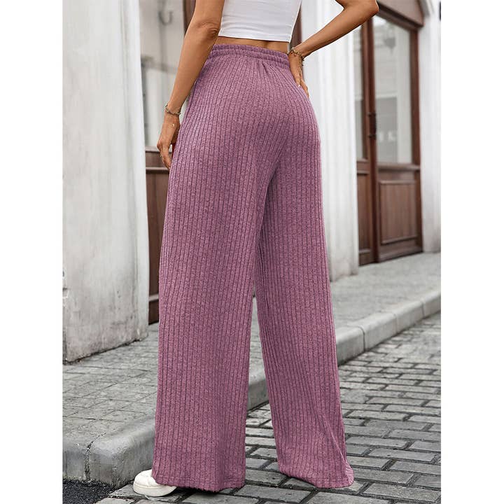 UNISHE - Wholesale Pants - Women's - Solid Drawstring Ribbed Brushed Elastic Waist Pants HLL28311