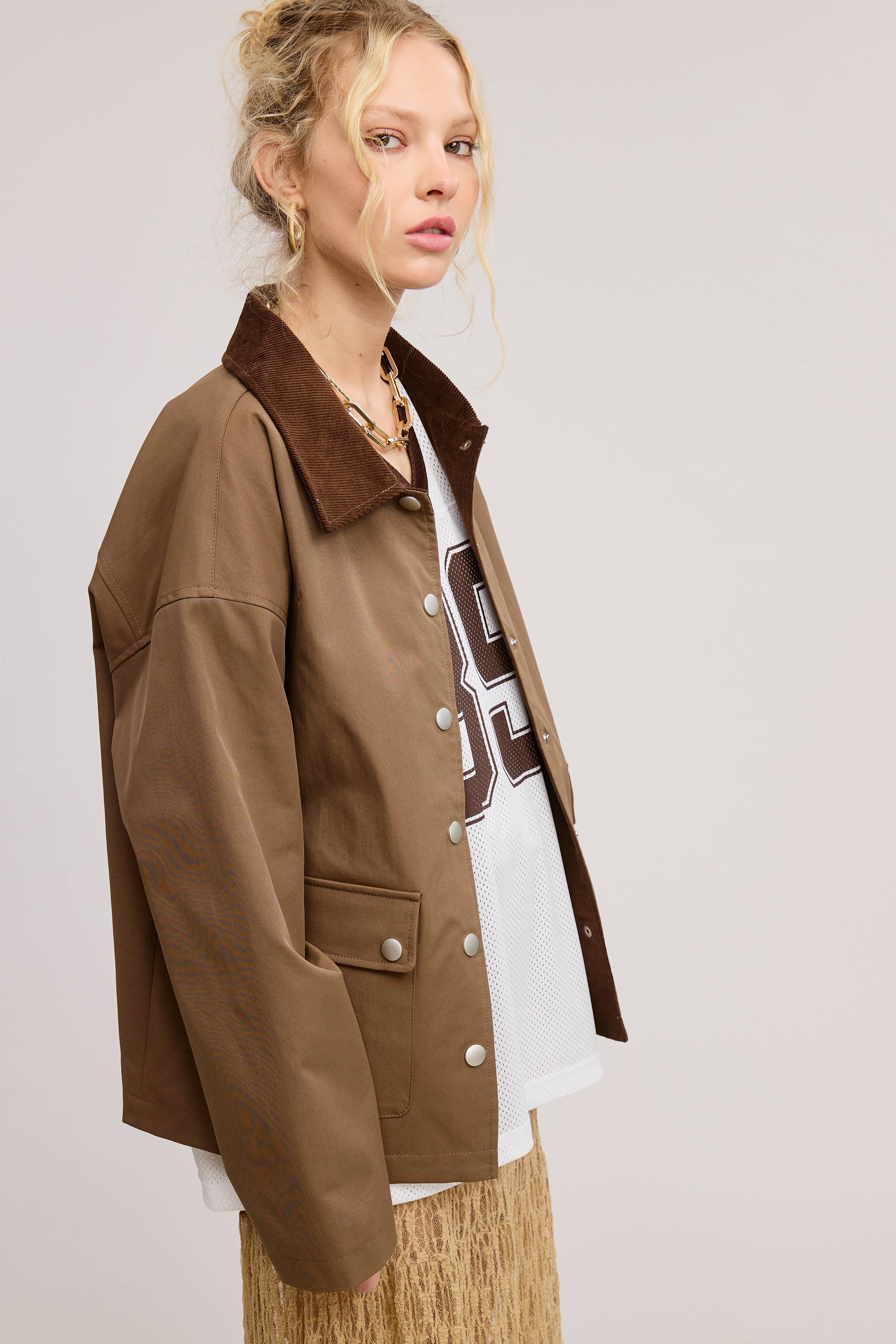 Brown Barn Jacket with Corduroy Collar and Snap Pockets for wholesale on Faire12