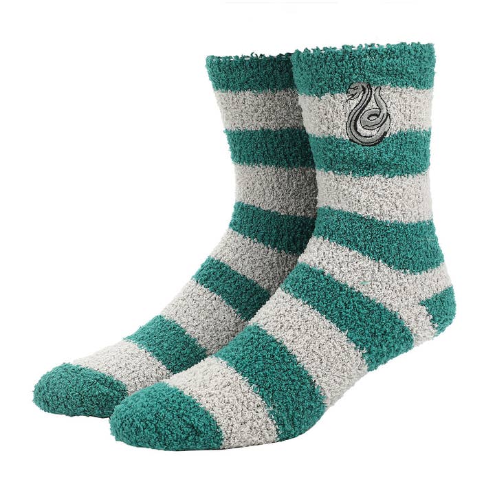 Harry Potter Slytherin Serpent Adult Green & Gray Striped Chenille Crew Socks for wholesale by Bioworld Merchandising