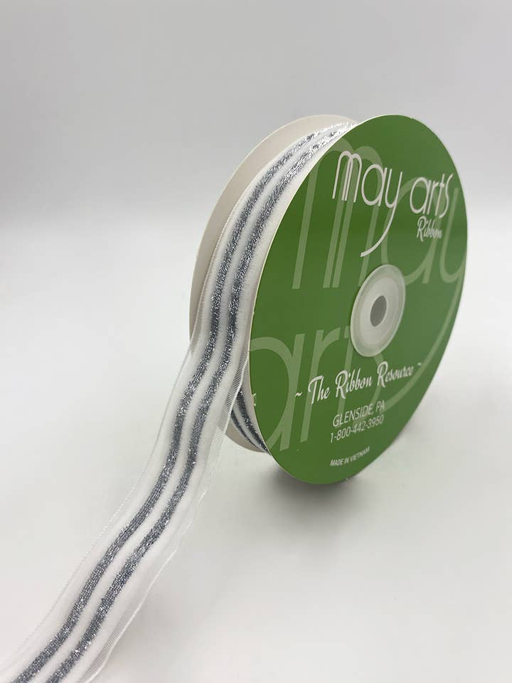 7/8″ White Velvet Silver Glitter Stripe Ribbon for wholesale by May Arts Ribbon