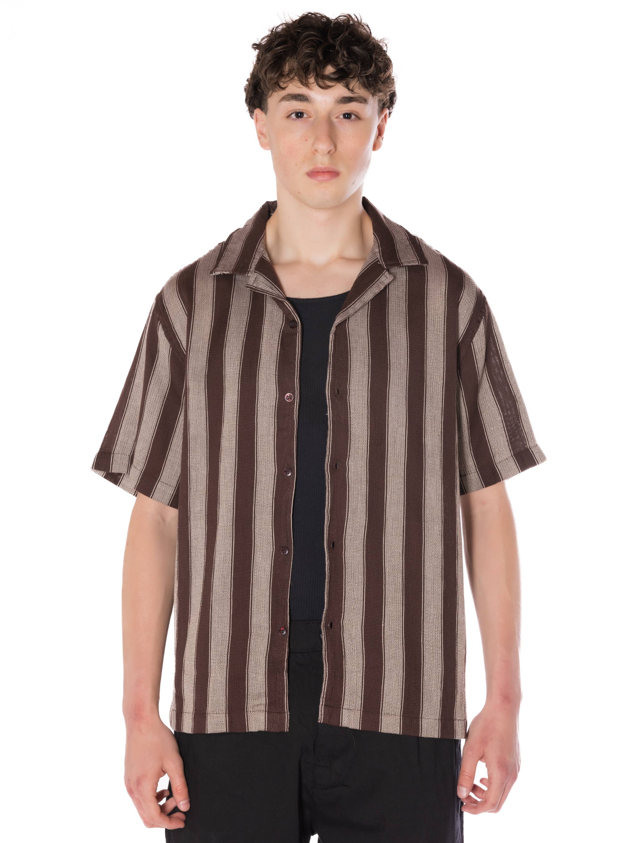 Marron #3 Chemise à rayures texturées pour hommes [HF-3300-Brown #3]  en vente sur Faire2