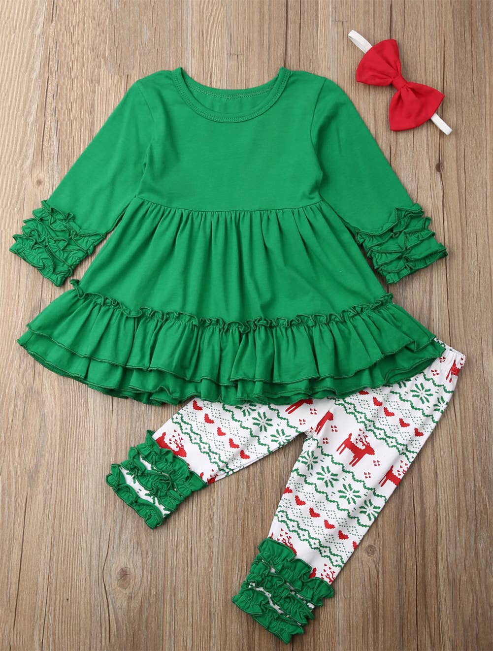 Fennco Styles – wholesale Top & trouser set – Kids – Green Christmas Design 2pcs Girl Outfit 1
