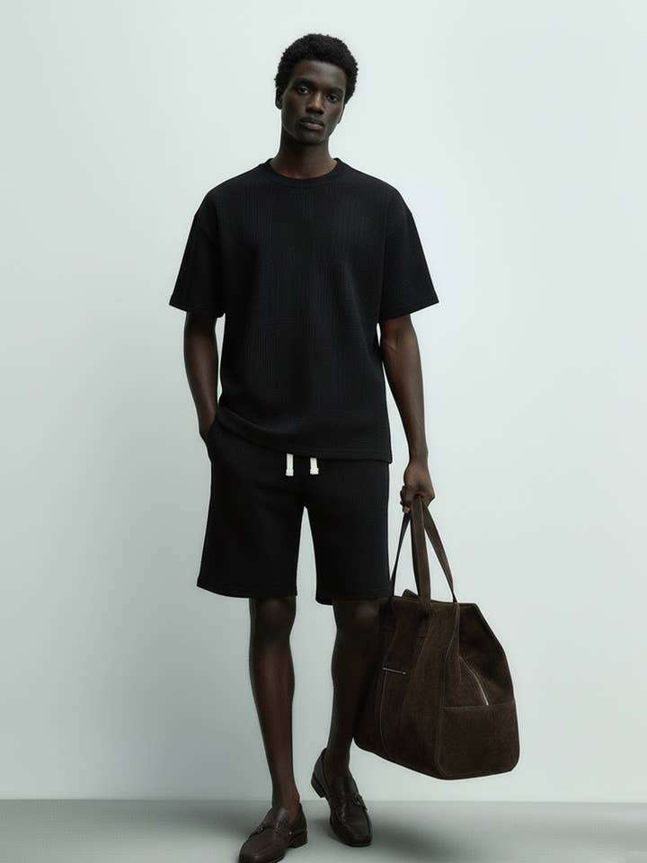 Men's Short Sleeve Textured T-Shirt & Short Set (Black) for wholesale by Hawk's Bay