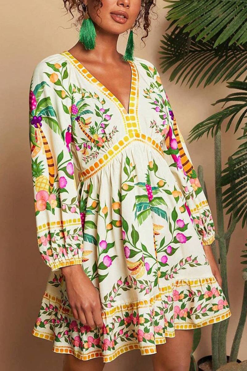 GREEN Tropical Print V-Neck Casual Dress for wholesale on Faire1