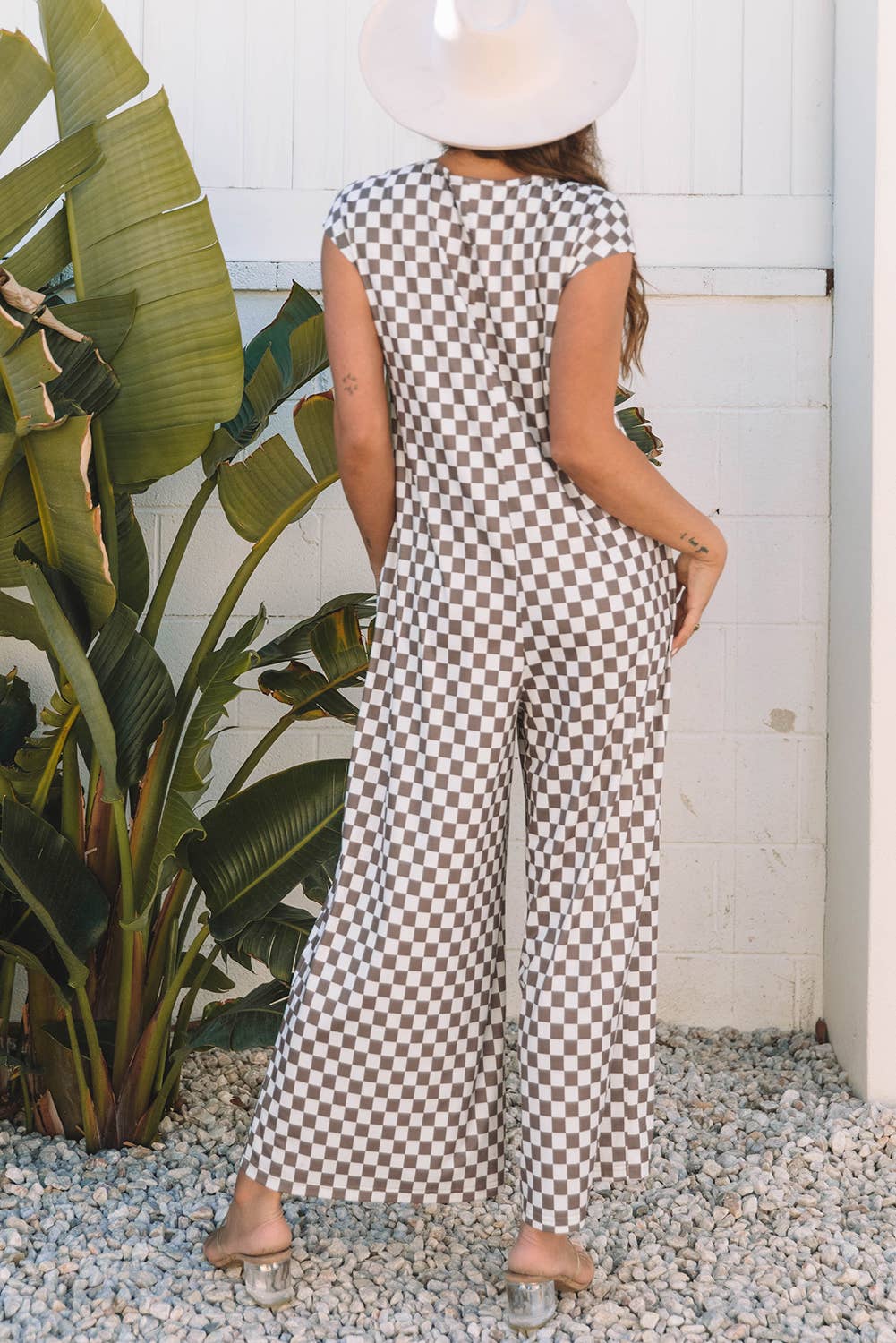 Our Home to Yours Candles & Gifts - Wholesale Jumpsuit - Women's - Khaki Checkered Print Buttoned Crew Neck Wide Leg Jumpsuit1